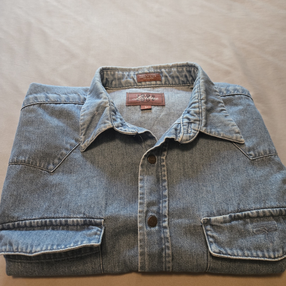 Lucchese Shirt Mens L Blue Denim Long Sleeve  Western Vintage Made In USA